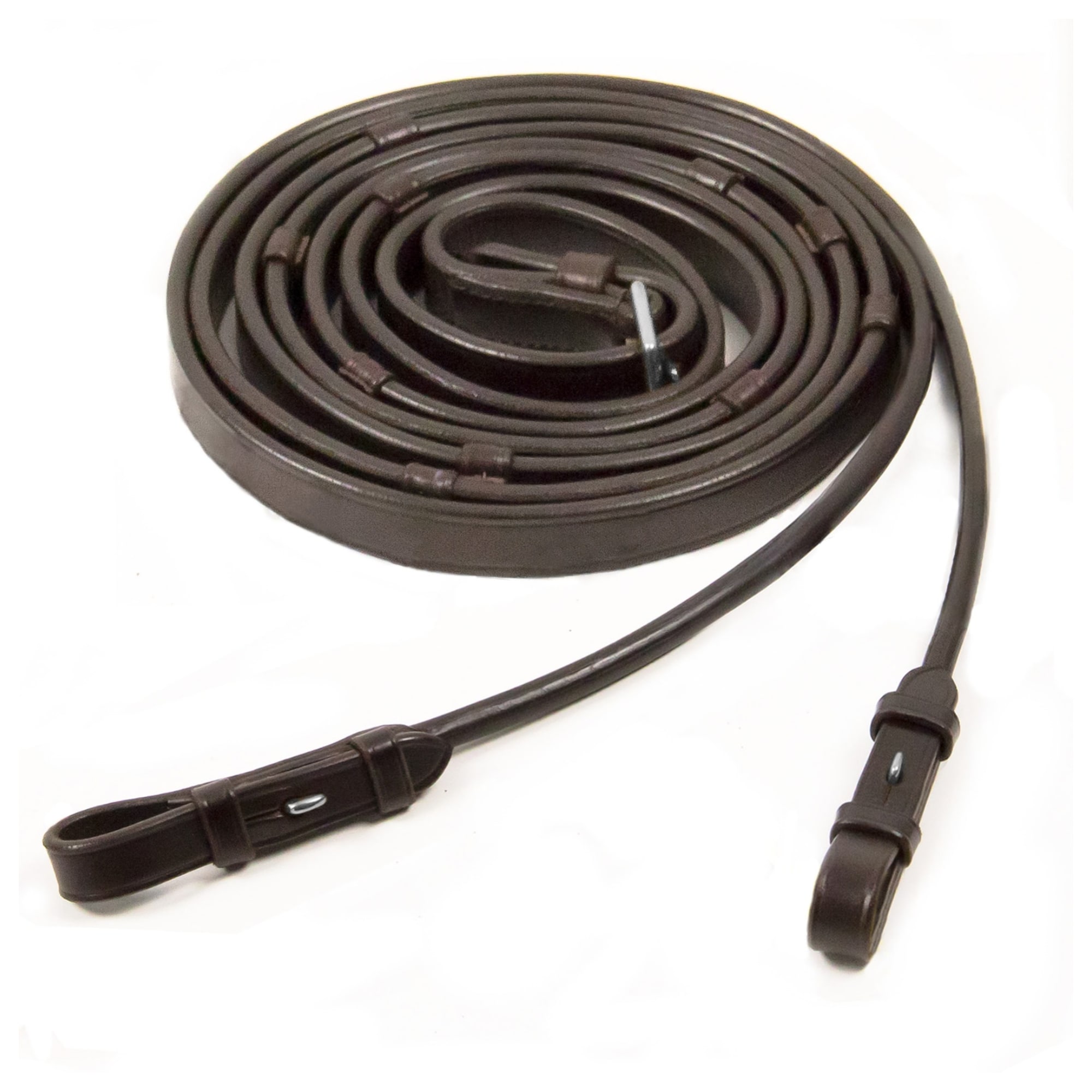 Rolled Leather Reins with Stops - Espresso/Silver