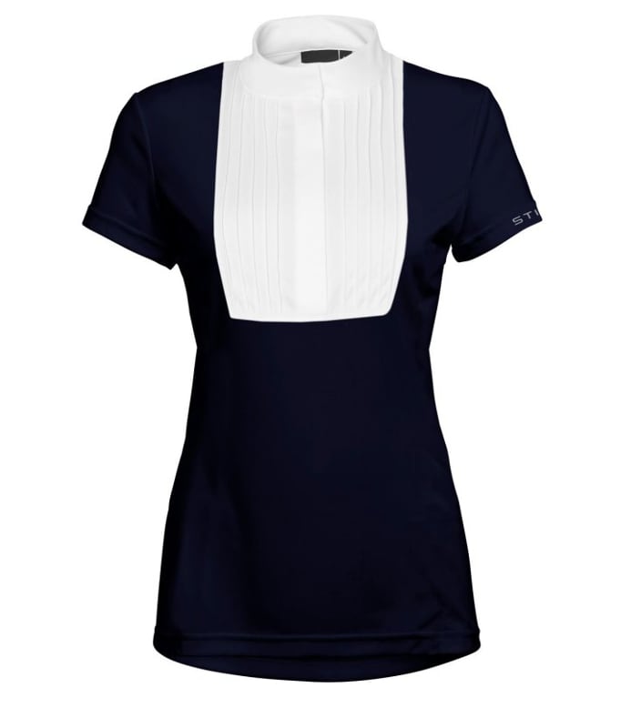 Marinblå tävlingsskjorta med vitt plisserat bröst modell Anna från Stierna Hogsta Ridsport