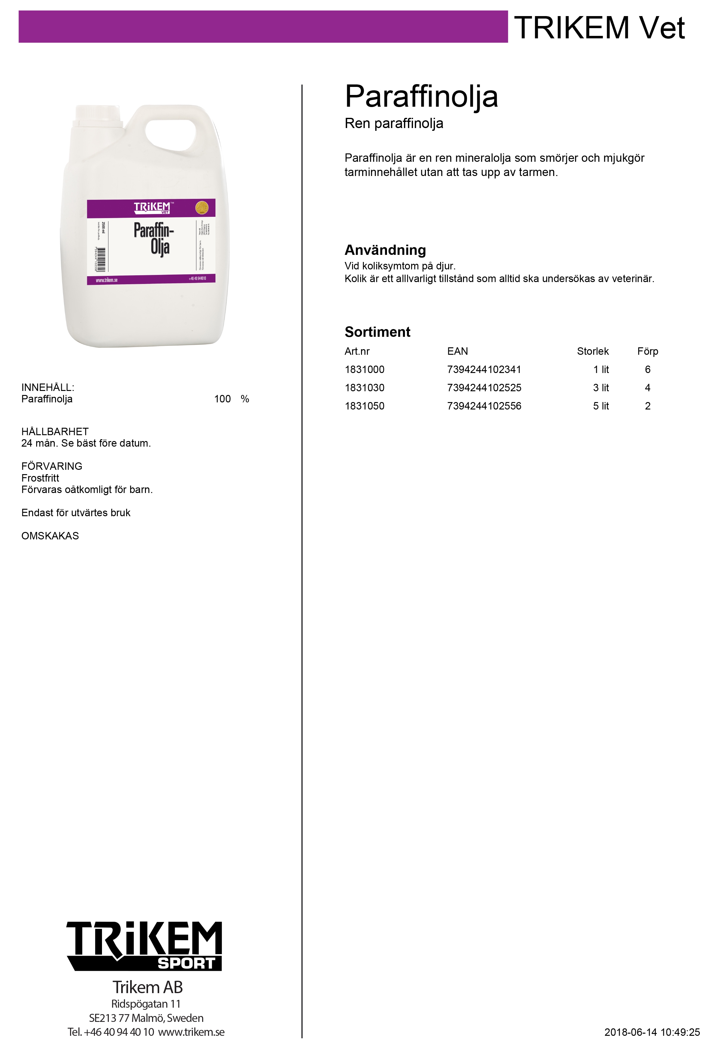 Commandez en ligne Huile de paraffine Trikem, 250 ml